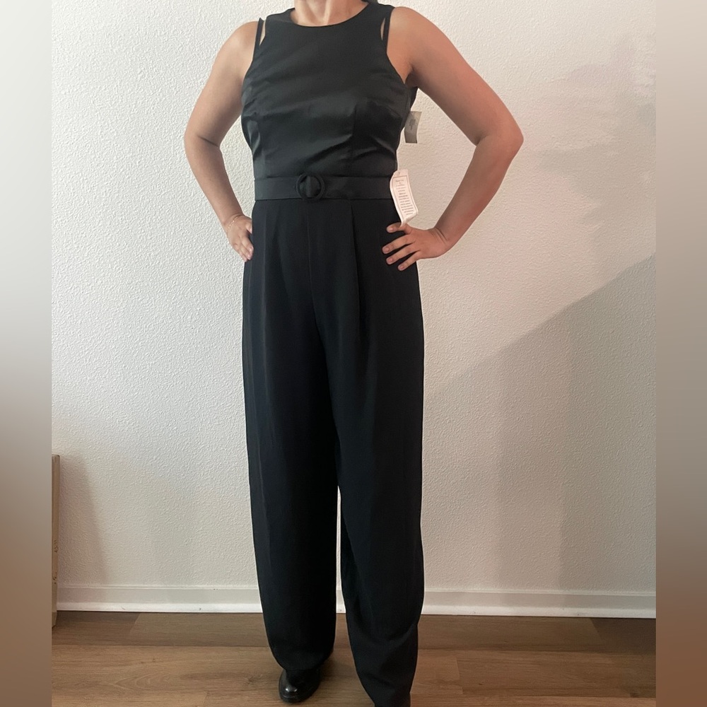 NWT Laundry by Shelli Segal black dressy satin wide leg jumpsuit with belt sz 6